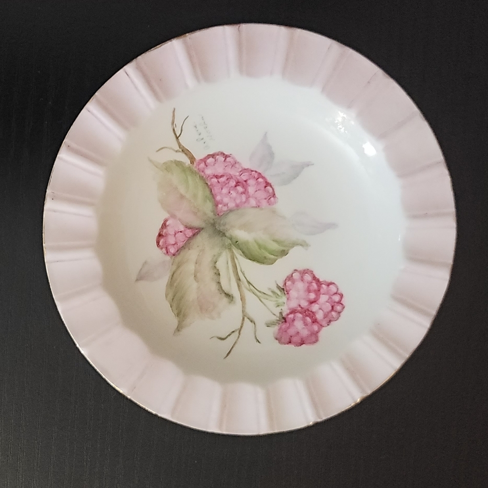 Trinket plate white pink flowers floral green replacement dish collectible